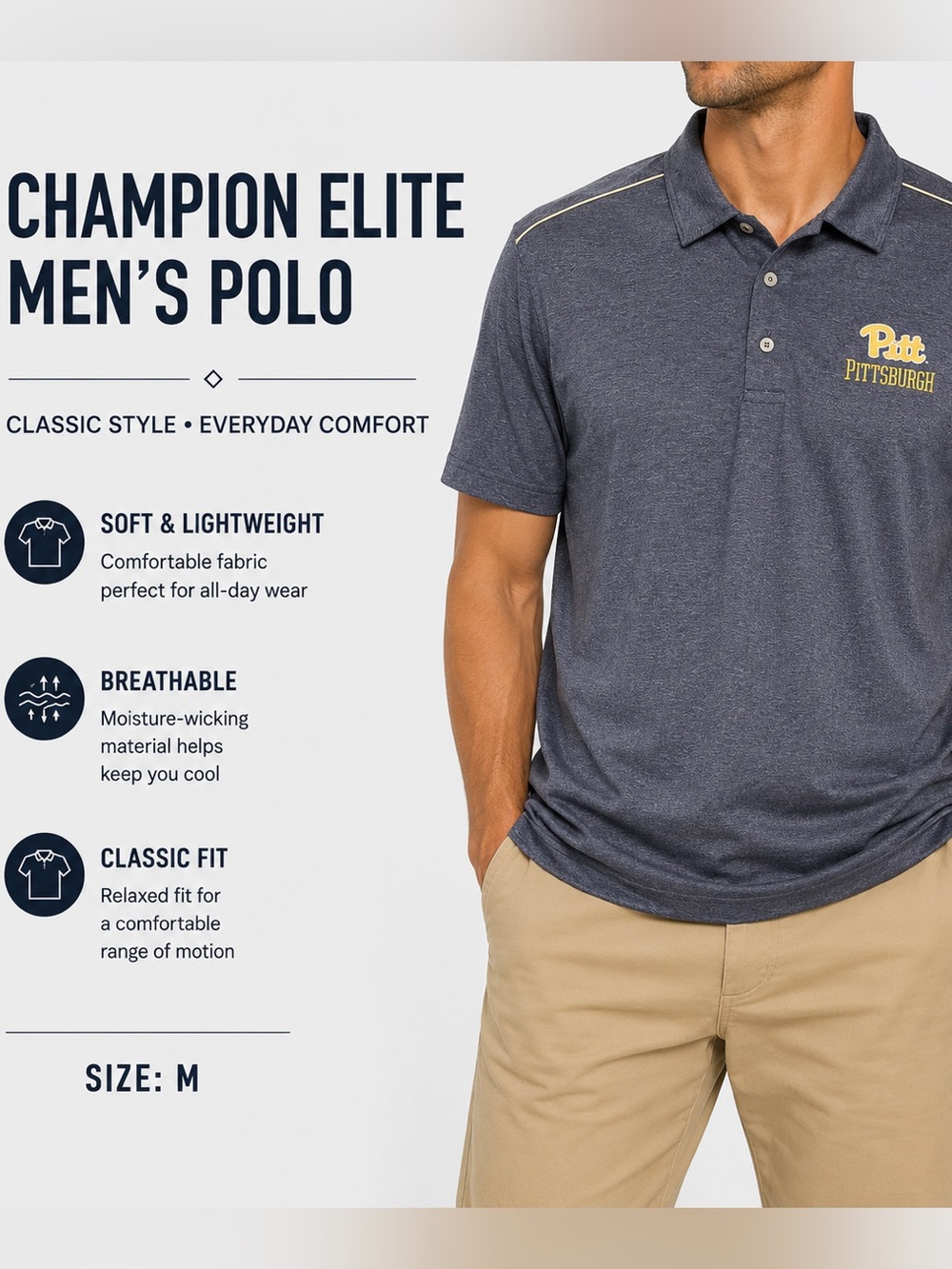 Champion Elite Pitt Pittsburgh Men’s Polo Shirt Gray Performance Golf Size M NWT